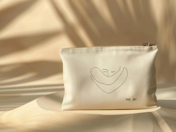 pochette-pochi-confiance-en-soi Pochette Pochi Confiance en soi avec un tracé représentant une personne qui se prend elle-même dans ses bras, logo Pochi Kibo en bas à droite, posée sur un dôme de sable avec fond beige assorti et ombres végétales, ambiance naturelle et douce.