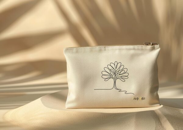 pochette-pochi-deuil Pochette Pochi Deuil avec un tracé représentant un arbre de vie, logo Pochi Kibo en bas à droite, posée sur un dôme de sable avec fond beige assorti et ombres végétales, ambiance naturelle et douce.