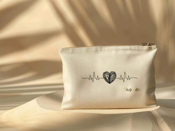 pochette-pochi-emotions Pochette Pochi Émotions avec un tracé commençant par une fréquence cardiaque, formant un cœur noir au milieu et revenant en fréquence cardiaque à la fin, logo Pochi Kibo en bas à droite, posée sur un dôme de sable avec fond beige assorti et ombres végétales, ambiance naturelle et douce.