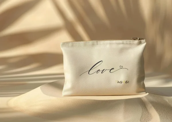 pochette-pochi-love Pochette Pochi Love avec un tracé formant le mot “Love” se terminant par un cœur, logo Pochi Kibo en bas à droite, posée sur un dôme de sable avec fond beige assorti et ombres végétales, ambiance naturelle et douce.