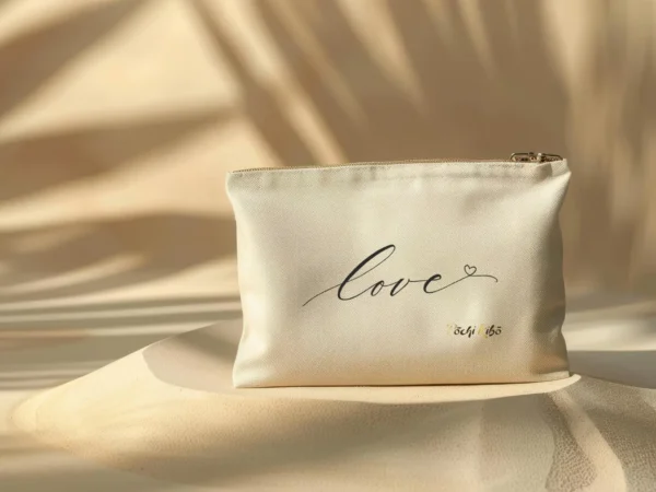 pochette-pochi-love Pochette Pochi Love avec un tracé formant le mot “Love” se terminant par un cœur, logo Pochi Kibo en bas à droite, posée sur un dôme de sable avec fond beige assorti et ombres végétales, ambiance naturelle et douce.