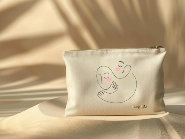 pochette-pochi-reconfort Pochette Pochi Réconfort avec un tracé représentant deux personnes qui se réconfortent en s’enlaçant, logo Pochi Kibo en bas à droite, posée sur un dôme de sable avec fond beige assorti et ombres végétales, ambiance naturelle et douce.