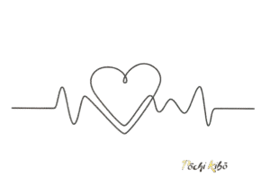 Icône représentant une ligne de fréquence cardiaque qui forme un cœur au centre avant de redevenir une ligne, avec le nom de la marque Pochi Kibo en bas à droite