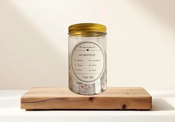 mood-pills-pochi-kibo-de-face Bocal Mood Pills Pochi Kibo vu de face, avec une étiquette 'Lis-moi pour…', contenant de petits mots de réconfort, d’encouragement, de soutien, d’évasion, de tristesse et d’amour, posé sur un morceau de bois sur une table avec un fond beige