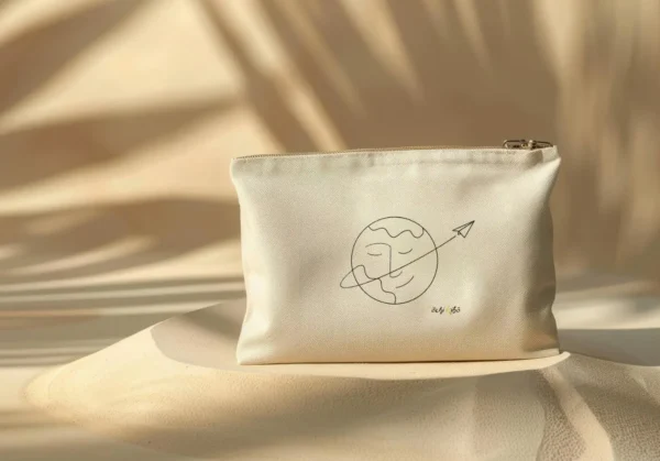 pochette-pochi-voyage Pochette Pochi Voyage avec un tracé représentant une Terre souriante et un tracé continu se terminant par un avion en papier, logo Pochi Kibo en bas à droite, posée sur un dôme de sable avec fond beige assorti et ombres végétales, ambiance naturelle et douce.